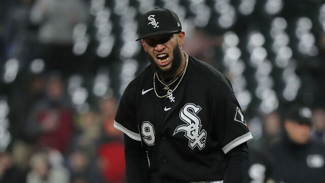 CHICAGO, IL - MAY 03: Chicago White Sox relief pitcher Keynan Middleton (99) reacts after a strike out during a Major League Baseball game between the Minnesota Twins and the Chicago White Sox on May 3, 2023 at Guaranteed Rate Field in Chicago, IL.