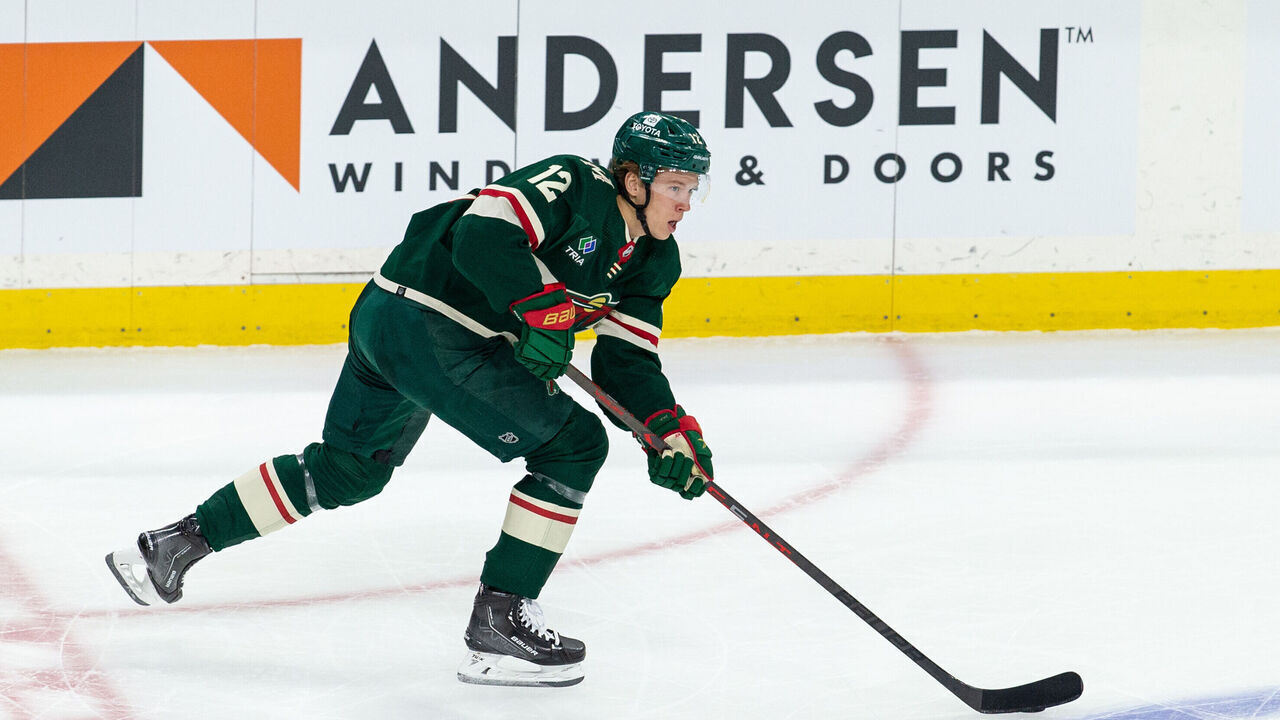 SAINT PAUL, MN - APRIL 21: Minnesota Wild left wing Matt Boldy (12) skates with the puck during the NHL game between the Minnesota Wild and the Dallas Stars, on April 21st, 2023, at the Xcel Energy Center in Saint Paul, MN.