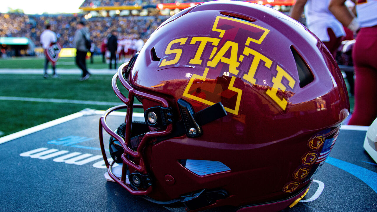 MORGANTOWN, WV - OCTOBER 12: A photo of an Iowa State Cyclones helmet during the College football game between the Iowa State Cyclones and the West Virginia Mountaineers on October 12, 2019 at Mountaineer Field at Milan Puskar Stadium in Morgantown, WV.