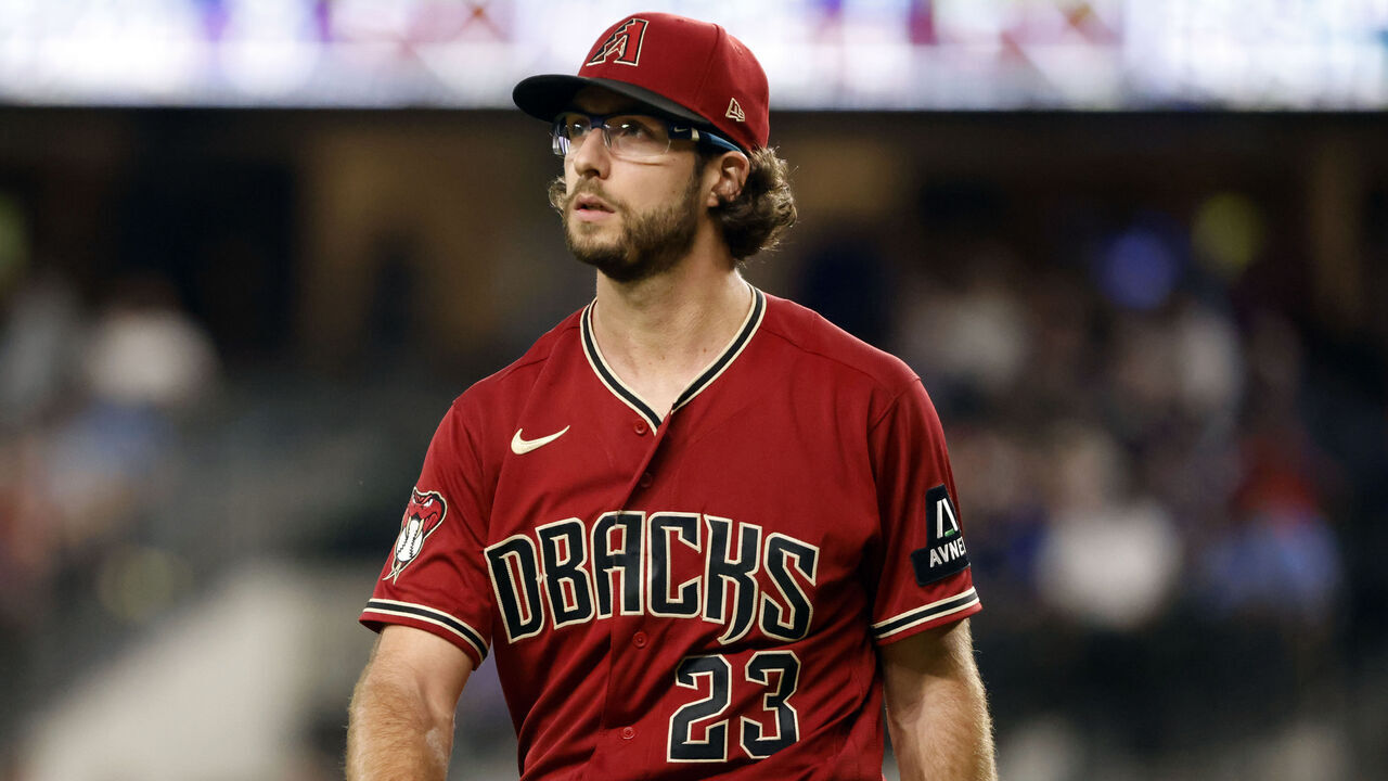 ARLINGTON, TX - MAY 2: Zac Gallen #23 of the Arizona Diamondbacks looks on during the game against the Texas Rangers at Globe Life Field on May 2, 2023 in Arlington, Texas.