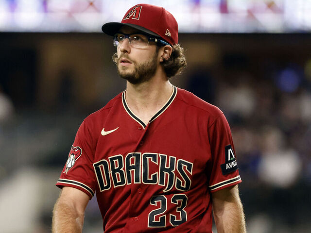 ARLINGTON, TX - MAY 2: Zac Gallen #23 of the Arizona Diamondbacks looks on during the game against the Texas Rangers at Globe Life Field on May 2, 2023 in Arlington, Texas.