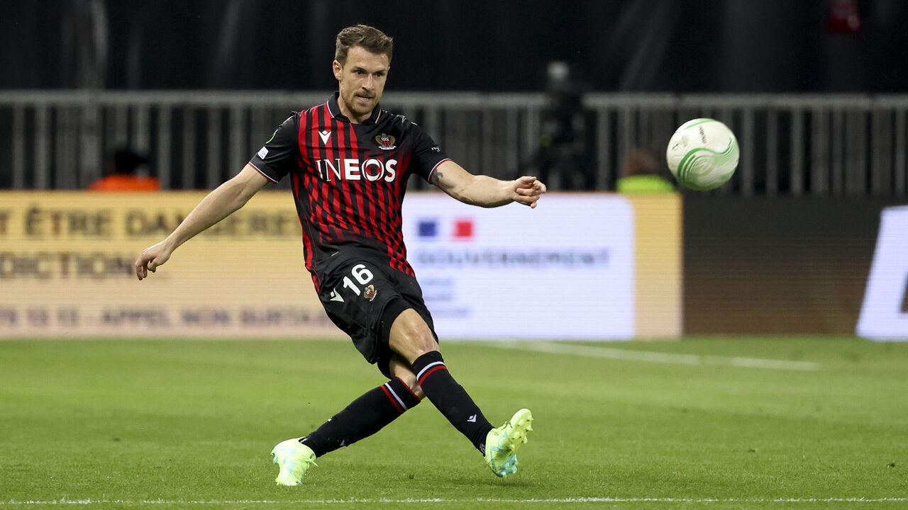 NICE, FRANCE - APRIL 20: Aaron Ramsey of Nice during the UEFA Europa Conference League quarterfinal second leg match between OGC Nice (OGCN) and FC Basel 1893 at Allianz Riviera stadium on April 20, 2023 in Nice, France.