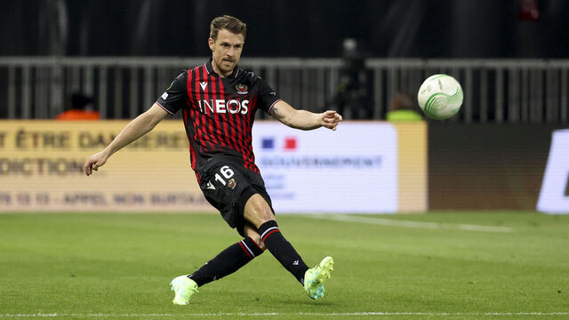 NICE, FRANCE - APRIL 20: Aaron Ramsey of Nice during the UEFA Europa Conference League quarterfinal second leg match between OGC Nice (OGCN) and FC Basel 1893 at Allianz Riviera stadium on April 20, 2023 in Nice, France.