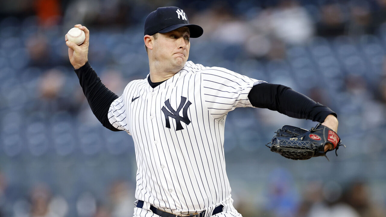 NEW YORK, NEW YORK - MAY 02: Gerrit Cole #45 of the New York Yankees pitches during the first inning against the Cleveland Guardians at Yankee Stadium on May 02, 2023 in the Bronx borough of New York City.