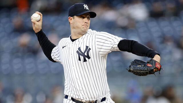 NEW YORK, NEW YORK - MAY 02: Gerrit Cole #45 of the New York Yankees pitches during the first inning against the Cleveland Guardians at Yankee Stadium on May 02, 2023 in the Bronx borough of New York City.
