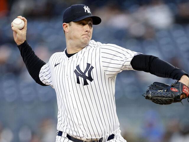 NEW YORK, NEW YORK - MAY 02: Gerrit Cole #45 of the New York Yankees pitches during the first inning against the Cleveland Guardians at Yankee Stadium on May 02, 2023 in the Bronx borough of New York City.
