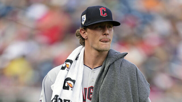 WASHINGTON DC - APRIL 15: Zach Plesac #34 of the Cleveland Guardians walks to the dug out before a baseball game against the Washington Nationals at Nationals Park on April 15, 2023 in Washington, DC. All players are wearing the number 42 in honor of Jackie Robinson Day.