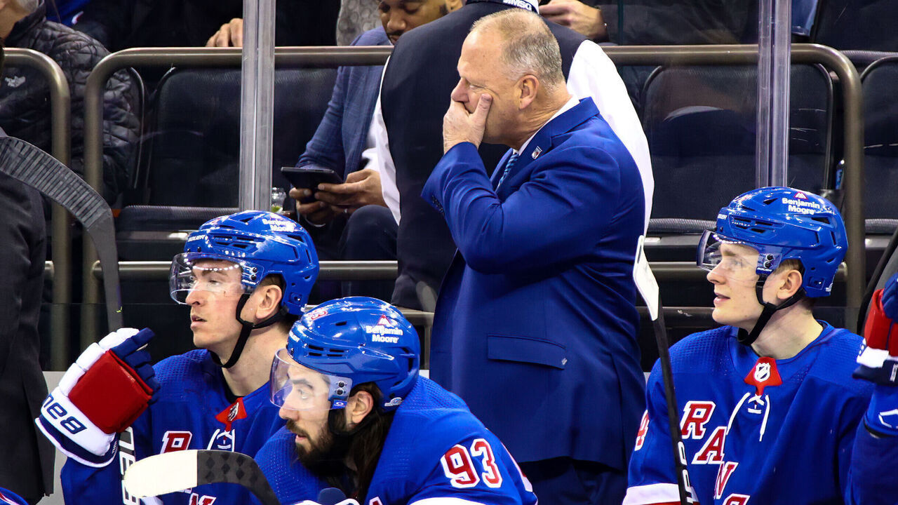 NEW YORK, NY - MARCH 14: New York Rangers Head Coach Gerard Gallant is pictured during the National Hockey League game between the Washington Capitals and the New York Rangers on March 14, 2023 at Madison Square Garden in New York, NY.