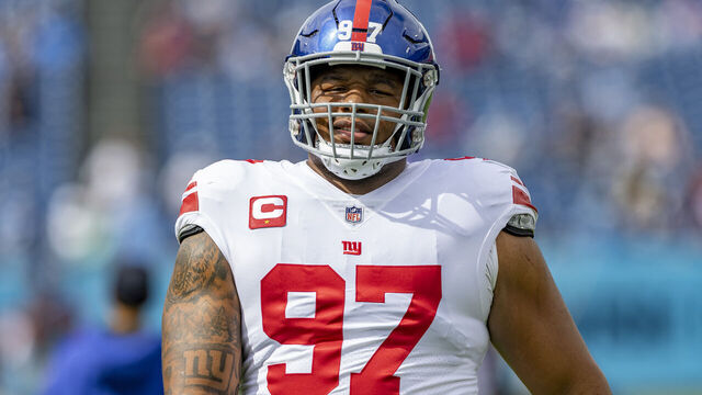 NASHVILLE, TENNESSEE - SEPTEMBER 11: Dexter Lawrence II #97 of the New York Giants warms up before a game against the Tennessee Titans at Nissan Stadium on September 11, 2022 in Nashville, Tennessee. The Giants defeated the Titans 21-20.