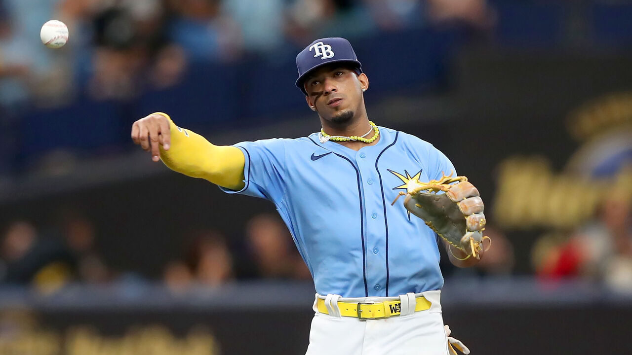 ST. PETERSBURG, FL - APRIL 23: Tampa Bay Rays Shortstop Wander Franco (5) fields a ground ball and makes the throw over to first base for the out during the MLB regular season game between the Chicago White Sox and the Tampa Bay Rays on April 23, 2023, at Tropicana Field in St. Petersburg, FL.