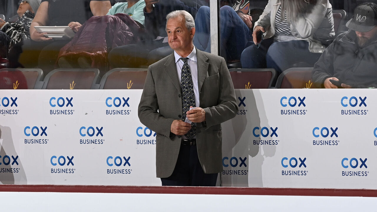 TEMPE, ARIZONA - MARCH 14: Head coach Darryl Sutter of the Calgary Flames stands on the bench prior to the start of the second period against the Arizona Coyotes at Mullett Arena on March 14, 2023 in Tempe, Arizona.