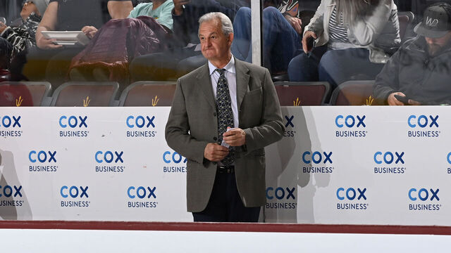 TEMPE, ARIZONA - MARCH 14: Head coach Darryl Sutter of the Calgary Flames stands on the bench prior to the start of the second period against the Arizona Coyotes at Mullett Arena on March 14, 2023 in Tempe, Arizona.