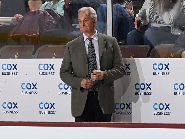 TEMPE, ARIZONA - MARCH 14: Head coach Darryl Sutter of the Calgary Flames stands on the bench prior to the start of the second period against the Arizona Coyotes at Mullett Arena on March 14, 2023 in Tempe, Arizona.