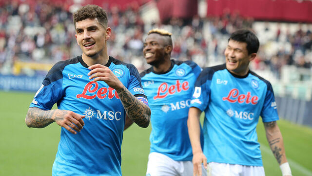 Giovanni Di Lorenzo (SSC Napoli) in the foreground, Victor Osimhen (SSC Napoli) and Min-Jae Kim (SSC Napoli) in the background, at the end of the match during the italian soccer Serie A match Torino FC vs SSC Napoli on March 19, 2023 at the Olimpico Grande Torino stadium in Turin, Italy