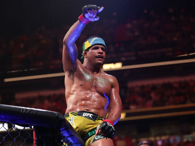 MIAMI, FLORIDA - APRIL 8: Gilbert Burns celebrates his victory over Jorge Masvidal in their welterweight fight during the UFC 287 event on April 8, 2023, at the Kaseya Center in Miami, FL.
