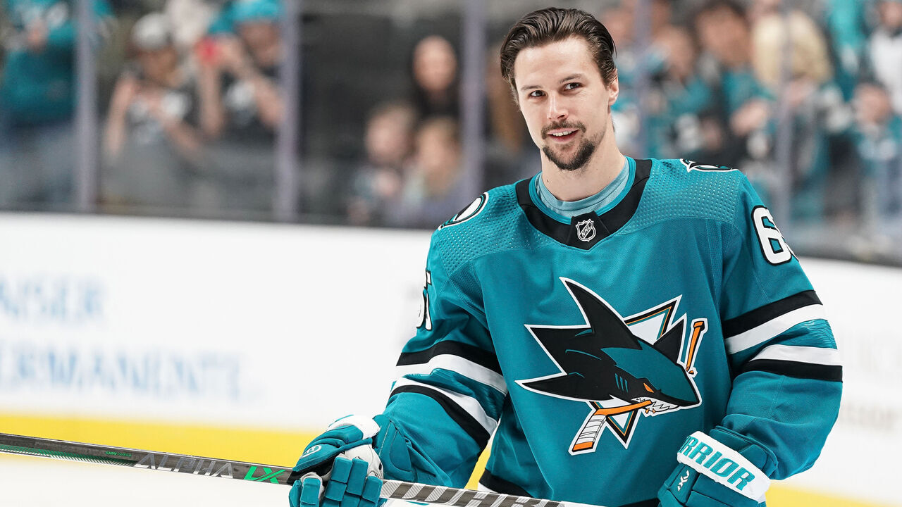 SAN JOSE, CA - APRIL 8: Erik Karlsson #65 of the San Jose Sharks skates during warmups before the game against the Edmonton Oilers at SAP Center on April 8, 2023 in San Jose, California.
