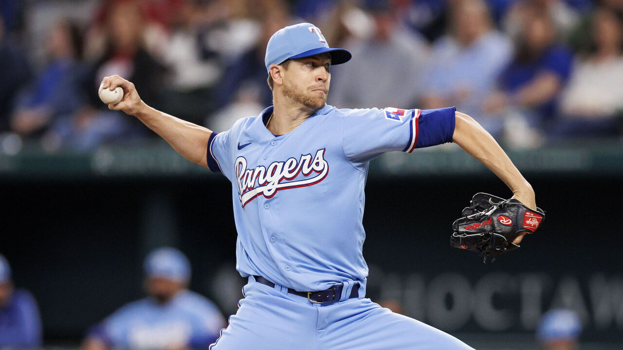 ARLINGTON, TX - APRIL 23: Jacob deGrom #48 of the Texas Rangers delivers a pitch during a game against the Oakland Athletics at Globe Life Field on April 23, 2023 in Arlington, Texas.