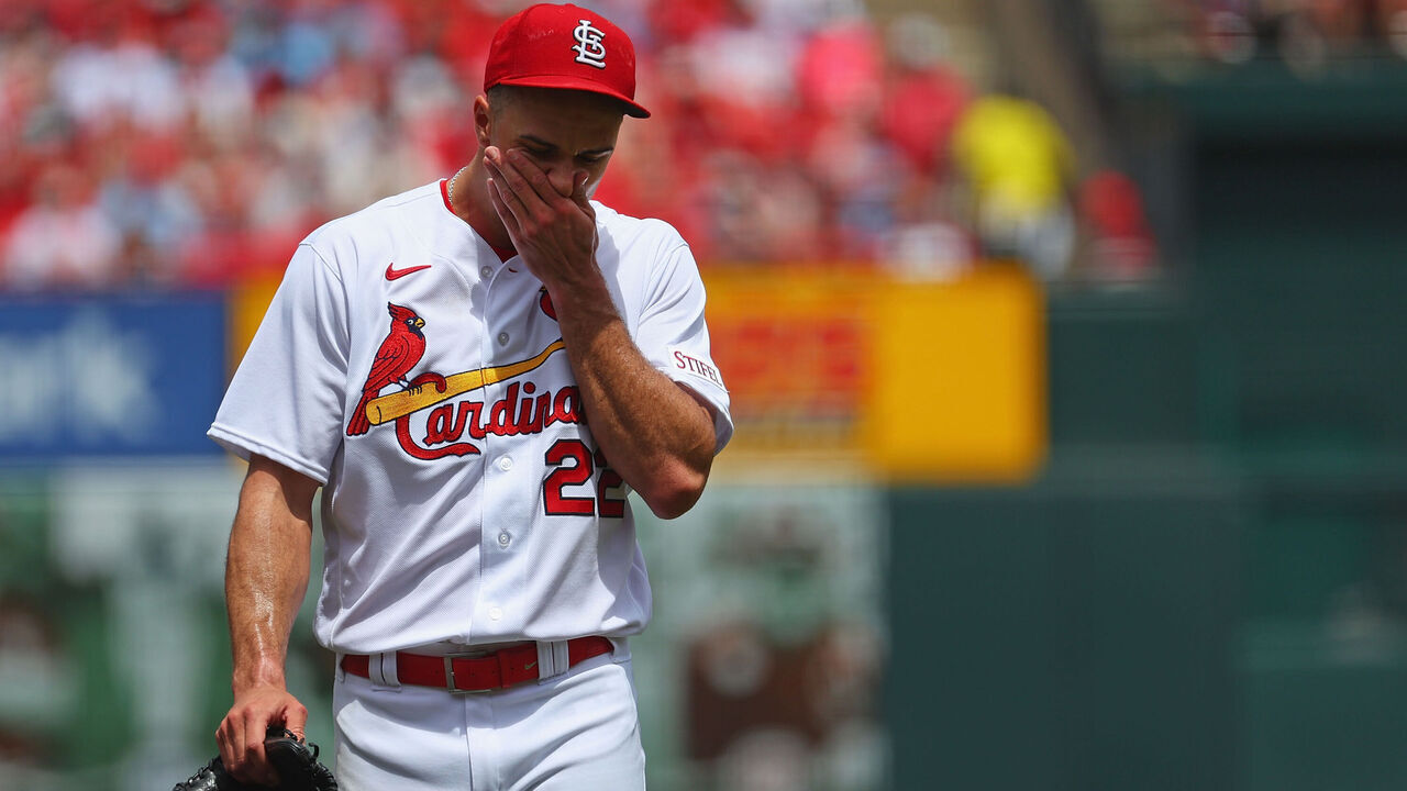 ST LOUIS, MO - MAY 04: Jack Flaherty #22 of the St. Louis Cardinals is pulled from the game against the Los Angeles Angels in the third inning at Busch Stadium on May 4, 2023 in St Louis, Missouri.