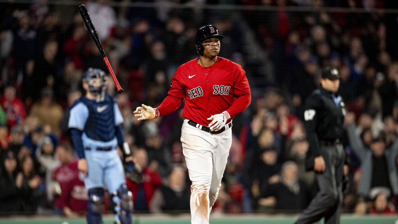 BOSTON, MA - MAY 4: Rafael Devers #11 of the Boston Red Sox reacts after hitting a two run home run during the eighth inning of a game against the Toronto Blue Jays on May 4, 2023 at Fenway Park in Boston, Massachusetts.