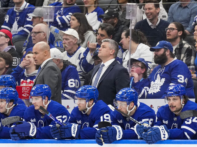 TORONTO, ON - APRIL 4: Toronto Maple Leafs head coach Sheldon Keefe looks on from the bench during the first period against the Columbus Blue Jackets at the Scotiabank Arena on April 4, 2023 in Toronto, Ontario, Canada.