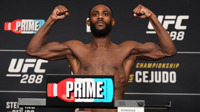 NEWARK, NEW JERSEY - MAY 05: Aljamain Sterling poses on the scale during the UFC 288 official weigh-in at Hyatt Regency hotel on May 05, 2023 in Morristown, New Jersey.