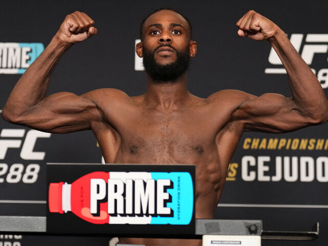 NEWARK, NEW JERSEY - MAY 05: Aljamain Sterling poses on the scale during the UFC 288 official weigh-in at Hyatt Regency hotel on May 05, 2023 in Morristown, New Jersey.