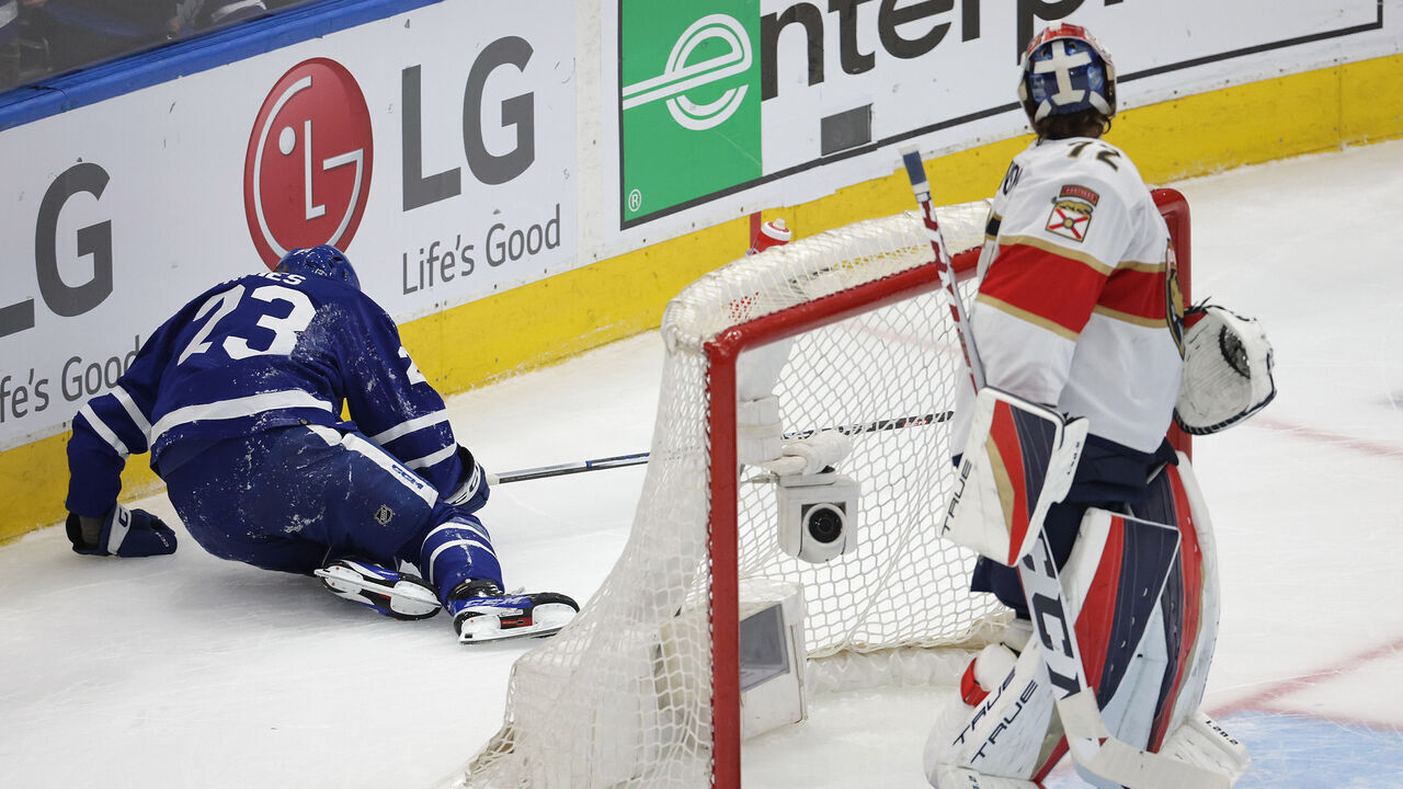 TORONTO, ON- MAY 4 - Florida Panthers center Sam Bennett (9) wraps up Toronto Maple Leafs left wing Matthew Knies (23) and slams him to the ice injuring him as the Toronto Maple Leafs fall to the Florida Panthers 3-2 in game two in the second round of the NHL Stanley Cup playoffs at Scotiabank Arena in Toronto. May 4, 2023. (Steve Russell/Toronto Star via Getty Images)