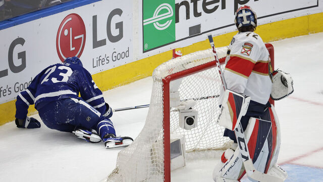 TORONTO, ON- MAY 4 - Florida Panthers center Sam Bennett (9) wraps up Toronto Maple Leafs left wing Matthew Knies (23) and slams him to the ice injuring him as the Toronto Maple Leafs fall to the Florida Panthers 3-2 in game two in the second round of the NHL Stanley Cup playoffs at Scotiabank Arena in Toronto. May 4, 2023. (Steve Russell/Toronto Star via Getty Images)