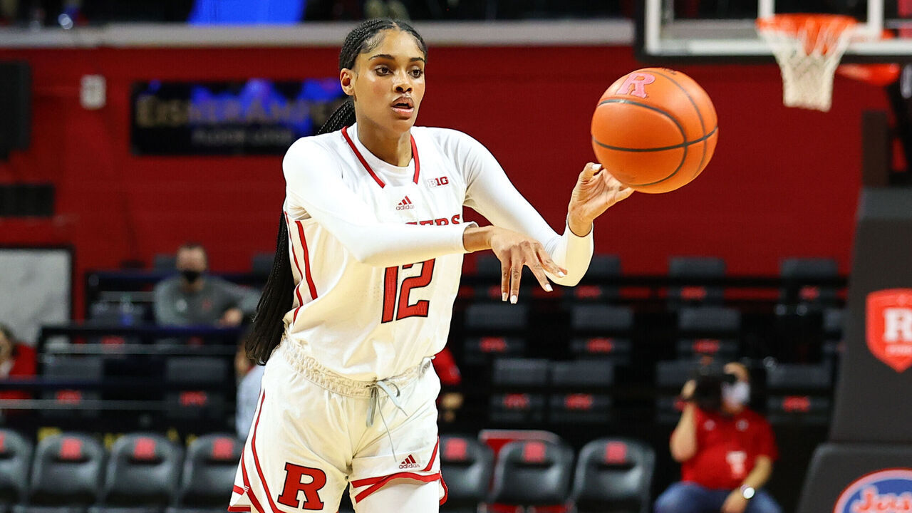 PISCATAWAY, NJ - NOVEMBER 12: Rutgers Scarlet Knights center Sakima Walker (12) during the college basketball game between the Rutgers Scarlet Knights and the South Alabama Jaguars on November 12, 2021 at Jersey Mikes Arena in Piscataway, NJ.