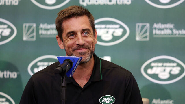 FLORHAM PARK, NEW JERSEY - APRIL 26: New York Jets quarterback Aaron Rodgers attends an introductory press conference at Atlantic Health Jets Training Center on April 26, 2023 in Florham Park, New Jersey.