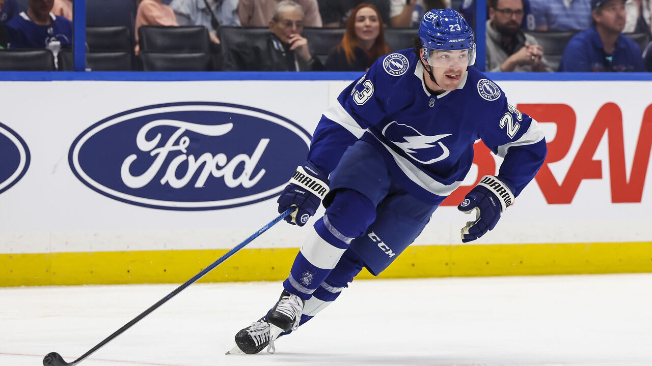 TAMPA, FL - APRIL 11: Michael Eyssimont #23 of the Tampa Bay Lightning against the Toronto Maple Leafs during the third period at Amalie Arena on April 11, 2023 in Tampa, Florida.