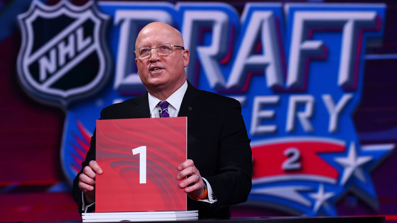 SECAUCUS, NEW JERSEY - MAY 10: National Hockey League Deputy Commissioner Bill Daly announces draft position during the 2022 NHL Draft Lottery on May 10, 2022 at the NHL Network's studio in Secaucus, New Jersey.