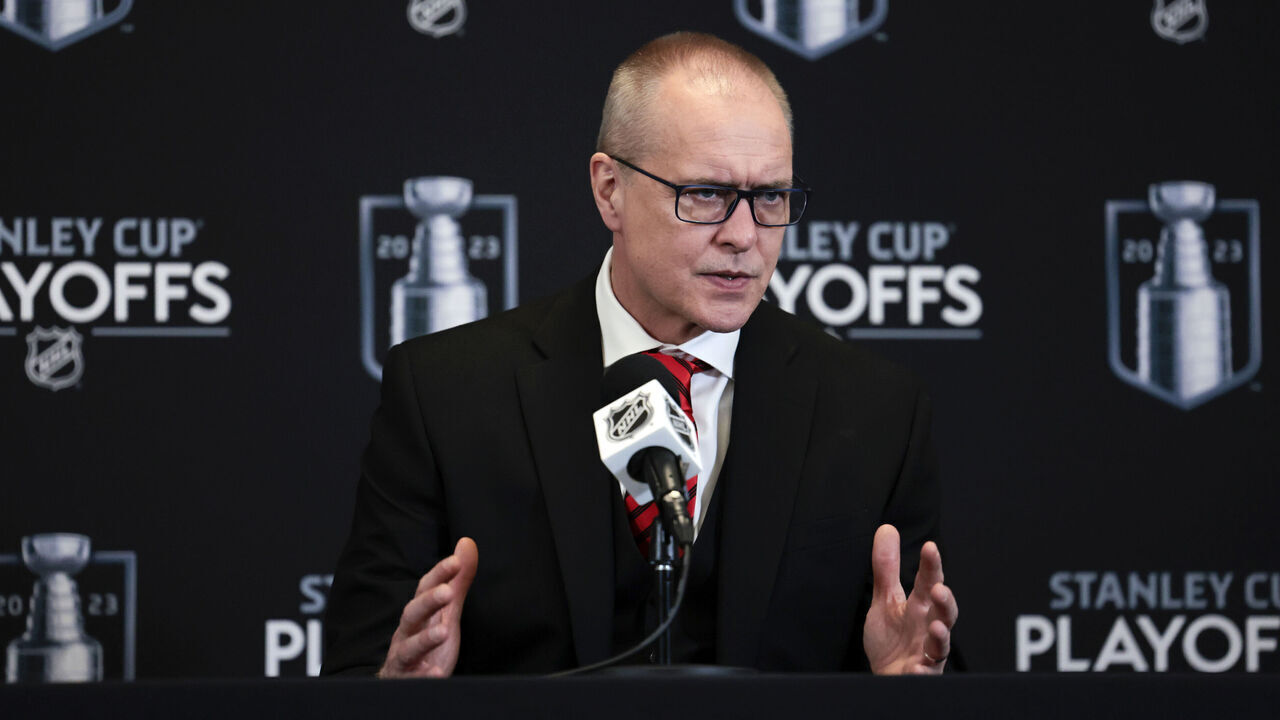 BOSTON, MA - APRIL 17: Florida Panthers head coach Paul Maurice addresses the media after Game 1 of an Eastern Conference First Round playoff contest between the Boston Bruins and the Florida Panthers on April 17, 2023, at TD Garden in Boston, Massachusetts.