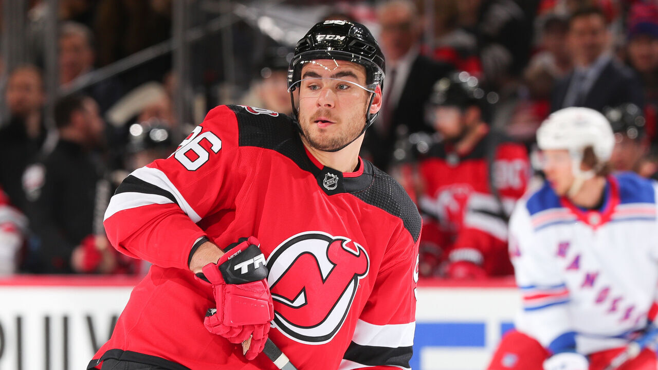 NEWARK, NJ - MAY 01: Timo Meier #96 of the New Jersey Devils skates during Game Seven of the First Round of the 2023 Stanley Cup Playoffs against the New York Rangers at the Prudential Center on May 1, 2023 in Newark, New Jersey.