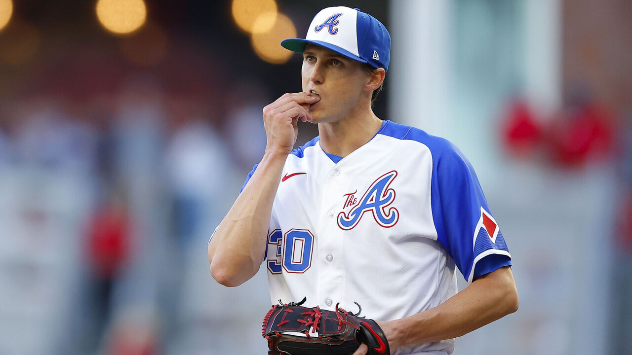 ATLANTA, GA - APRIL 22: Kyle Wright #30 of the Atlanta Braves prepares a pitch during the first inning against the Houston Astros at Truist Park on April 22, 2023 in Atlanta, Georgia.