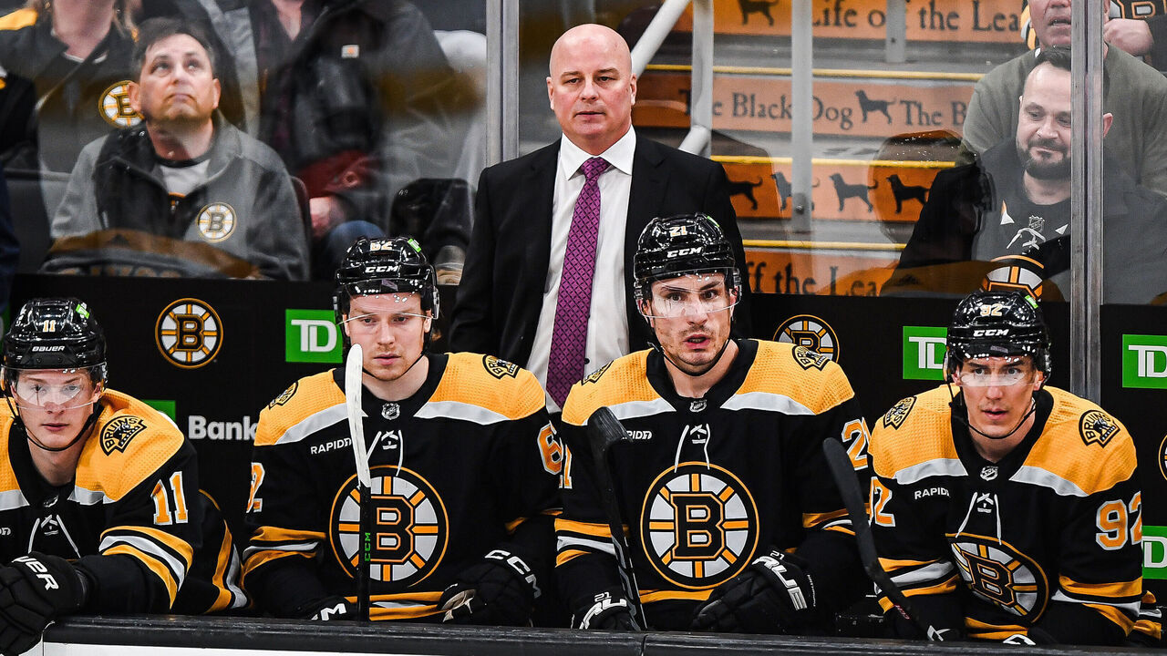 BOSTON, MASSACHUSETTS - APRIL 06: Boston Bruins' coach Jim Montgomery during a game between the Toronto Maple Leafs and Boston Bruins at TD Garden on April 06, 2023 in Boston, Massachusetts.