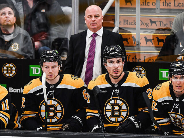 BOSTON, MASSACHUSETTS - APRIL 06: Boston Bruins' coach Jim Montgomery during a game between the Toronto Maple Leafs and Boston Bruins at TD Garden on April 06, 2023 in Boston, Massachusetts.