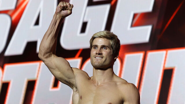 DENVER, COLORADO - MAY 4: Sage Northcutt weighs in at the ONE Championship Ceremonial Weigh-Ins and Face-off Conference on May 4, 2023 at the 1st Bank Center in Denver, Colorado.