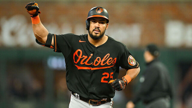 ATLANTA, GA MAY 05: Baltimore right fielder Anthony Santander (25) reacts after hitting a grand-slam home run during the MLB game between the Baltimore Orioles and the Atlanta Braves on May 5th, 2023 at Truist Park in Atlanta, GA.