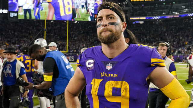 MINNEAPOLIS, MN - NOVEMBER 24: Adam Thielen #19 of the Minnesota Vikings walks off the field after the game against the New England Patriots at U.S. Bank Stadium in Minneapolis, Minnesota. The Vikings defeated the Patriots 33-26.