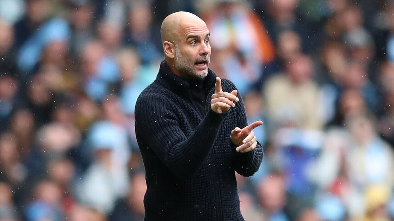 MANCHESTER, ENGLAND - MAY 06: Pep Guardiola, Manager of Manchester City, reacts during the Premier League match between Manchester City and Leeds United at Etihad Stadium on May 06, 2023 in Manchester, England.