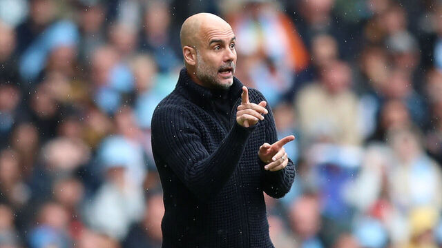 MANCHESTER, ENGLAND - MAY 06: Pep Guardiola, Manager of Manchester City, reacts during the Premier League match between Manchester City and Leeds United at Etihad Stadium on May 06, 2023 in Manchester, England.