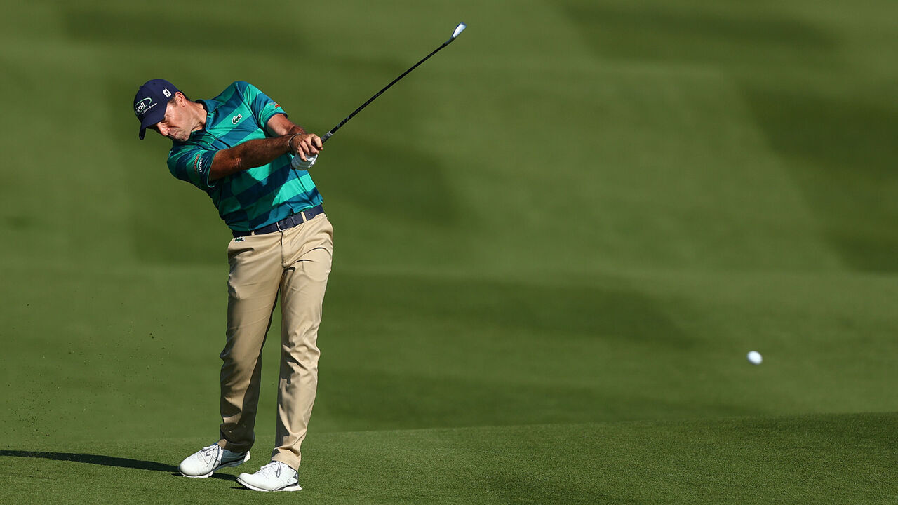 ROME, ITALY - MAY 06: Julien Guerrier of France plays their second shot on the 18th hole during Day Three of the DS Automobiles Italian Open at Marco Simone Golf Club on May 06, 2023 in Italy.