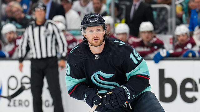 SEATTLE, WASHINGTON - APRIL 24: Jared McCann #19 of the Seattle Kraken skates during the first period against the Colorado Avalanche in Game Four of the First Round of the 2023 Stanley Cup Playoffs at Climate Pledge Arena on April 24, 2023 in Seattle, Washington.