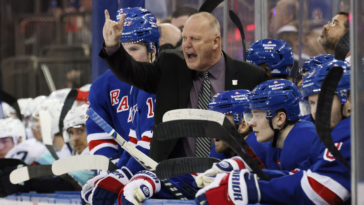 NEW YORK, NEW YORK - FEBRUARY 10: Head coach Gerard Gallant of the New York Rangers yells at a referee during the third period of the game against the Seattle Kraken at Madison Square Garden on February 10, 2023 in New York City. The Rangers defeated the Kraken 6-3.
