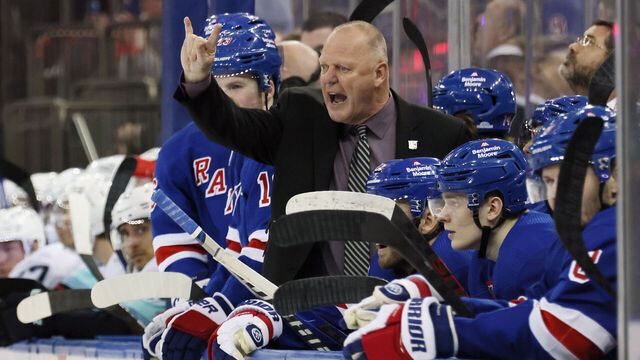 NEW YORK, NEW YORK - FEBRUARY 10: Head coach Gerard Gallant of the New York Rangers yells at a referee during the third period of the game against the Seattle Kraken at Madison Square Garden on February 10, 2023 in New York City. The Rangers defeated the Kraken 6-3.