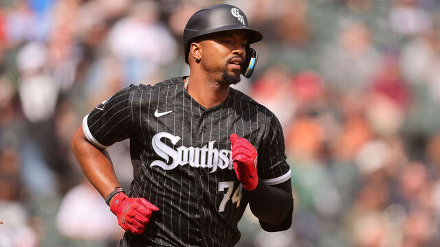 CHICAGO, ILLINOIS - APRIL 19: Eloy Jimenez #74 of the Chicago White Sox singles against the Philadelphia Phillies at Guaranteed Rate Field on April 19, 2023 in Chicago, Illinois.