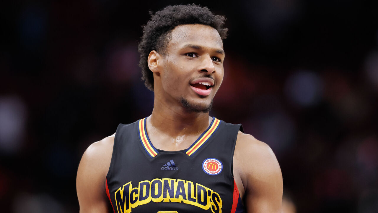 HOUSTON, TX - MARCH 28: Bronny James #6 of McDonald's All American Boys West is seen during the McDonalds All American Basketball Games at Toyota Center on March 28, 2023 in Houston, Texas.