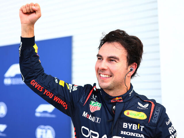 MIAMI, FLORIDA - MAY 06: Pole position qualifier Sergio Perez of Mexico and Oracle Red Bull Racing celebrates in parc ferme during qualifying ahead of the F1 Grand Prix of Miami at Miami International Autodrome on May 06, 2023 in Miami, Florida.