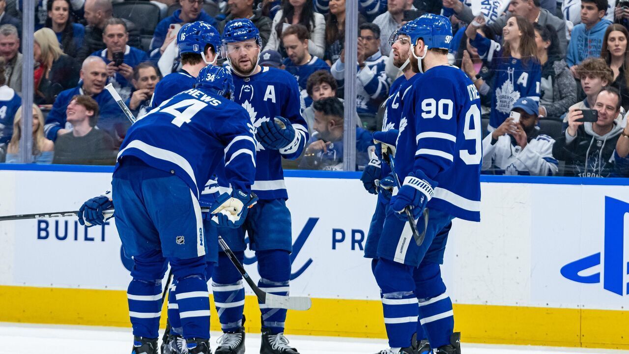TORONTO, ON - MAY 04: Toronto Maple Leafs players consult each other during the Round 2 NHL Stanley Cup Playoffs Game 2 between the Florida Panthers and the Toronto Maple Leafs on May 4, 2023, at Scotiabank Arena in Toronto, ON, Canada.